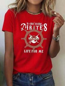 Colección de Verano para Mujer LooseLadies. Camiseta para Mujer, Camiseta de Verano con Cuello Redondo, con el Estampado "Yo Ho Yo Ho Pirate's Life For Me" y un Diseño de Timón Náutico y Calavera, Hecha de Tela Suave, un Top Casual de Estilo Aventurero, Ideal para Entusiastas de Piratas, Fiestas Temáticas y Uso Diario, y Vibrante. Camiseta de algodón, combina con todo, ligera, de manga corta. Camiseta básica de algodón con cuello redondo para mujer. - Rojo - Ver 10