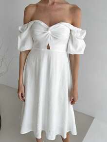 Vestido francés cuello cuadrado con textura arrugada, mangas abullonadas y corte A, modelo elegante 2026. - Blanco - Ver 12