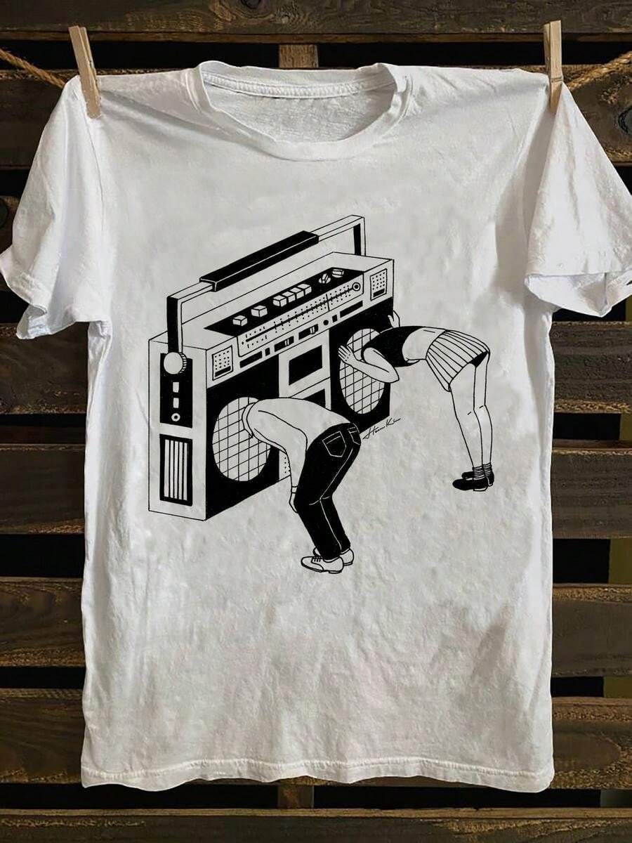 Camiseta Gráfica Vintage Boombox para Hombre - Algodón Suave 180gsm, Camiseta Retro Musical Ligera y Transpirable para Conciertos, Regalos de Día del Padre, Cumplea?os - Cuello Redondo Blanco Casual p - Blanco - Ver 1