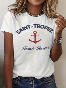 Camiseta GráFica De Mujer Saint-Tropez French Riviera - Camiseta Estilo Costero Con Ancla Roja, Top Ligero De Cuello Redondo Para Vacaciones En La Playa, Atuendos Casuales - Ropa De Mujer Inspirada En Saint-Tropez, Esencial Para El Guardarropa De Vacaciones, Camiseta De Corte Relajado, Tela CóModa, Camiseta De Manga Corta, Moda Para Mujeres Modernas - Blanco - Ver 7