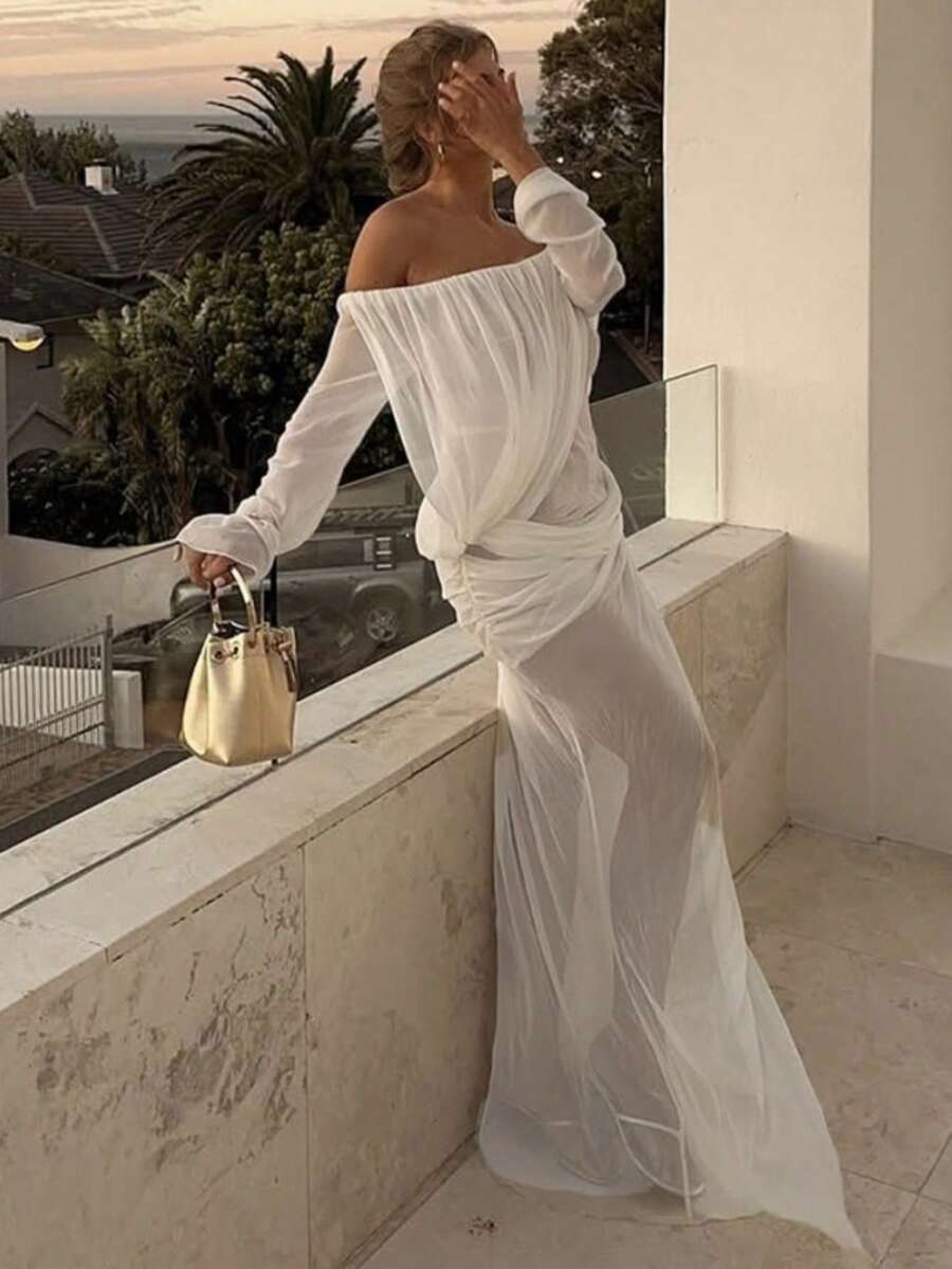 Vestido Transparente Malla Cuello Descubierto Color Liso Nueva Llegada Mujer - Blanco - Ver 1