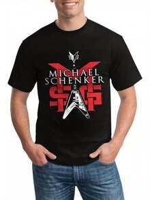 Camiseta de manga corta con cuello redondo y corte holgado para hombre, con el logotipo oficial de Michael Schenker, diseño rockero llamativo en rojo y blanco, adecuada para uso casual, mercancía para fans de la música, calidad cómoda, camiseta de mujer, de alta calidad. - Negro - Ver 1