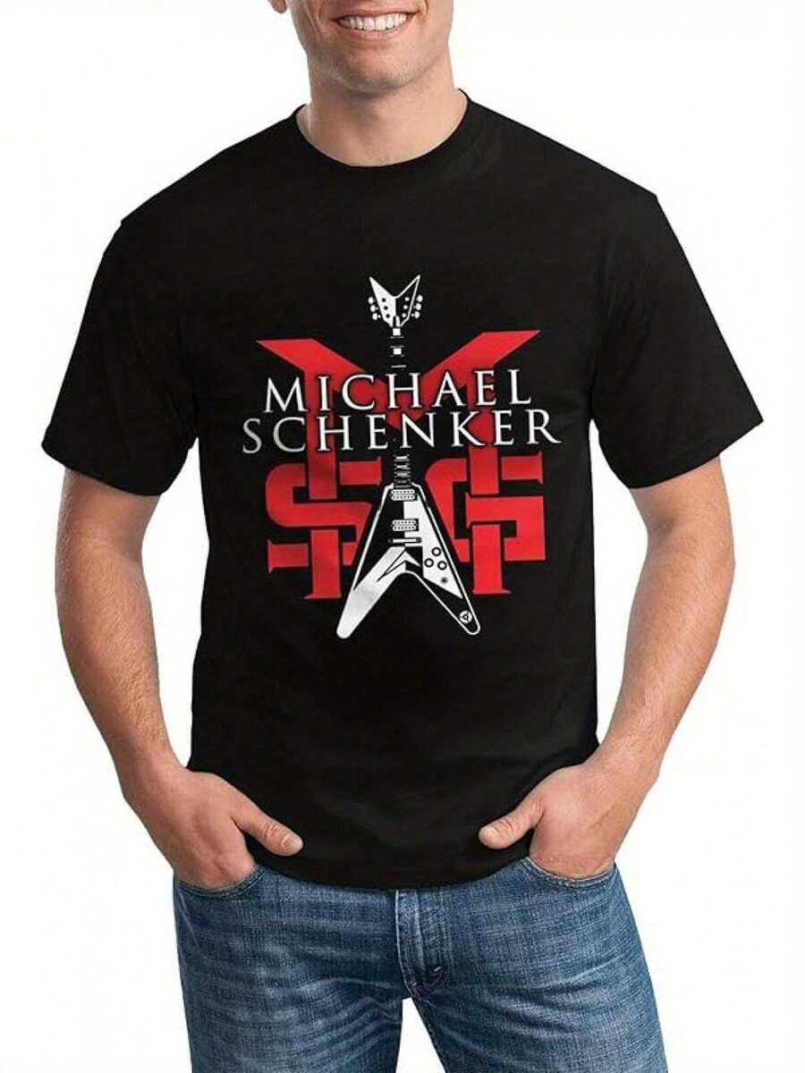 Camiseta de manga corta con cuello redondo y corte holgado para hombre, con el logotipo oficial de Michael Schenker, diseño rockero llamativo en rojo y blanco, adecuada para uso casual, mercancía para fans de la música, calidad cómoda, camiseta de mujer, de alta calidad. - Negro - Ver 1