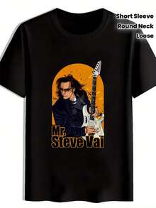 Camiseta con Estampado de Steve Wyze - Camiseta negra con temática musical, que presenta una guitarra eléctrica blanca y un icónico patrón amarillo, corte holgado e informal, adecuada para conciertos, como regalo para guitarristas y amantes de la música, diseño de manga corta y cuello redondo para todas las estaciones, camiseta de mujer, de alta calidad. - Negro - Ver 1