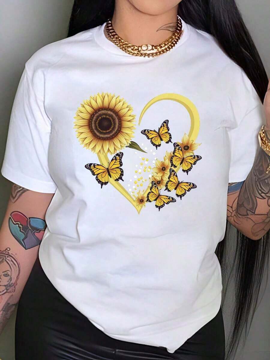1 Piece Casual Fashion Men's And Women's T-Shirt With Sunflowers And Butterflies - Casual Round Neck Blouse, Soft And Breathable Fabric Suitable For All Seasons, Machine Washable Casual Wear And Superior For Outdoors: Versatile, Easy To Match, Suitable For Daily Wear, Urban Style, Holiday Outfits, Weekend Outfits. - 白色的 - 查看 1