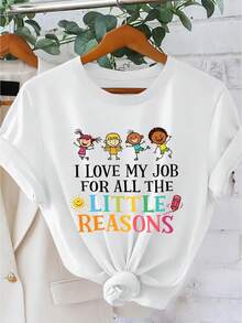 Camiseta con Estampado "ME ENCANTA MI TRABAJO POR TODAS LAS PEQUEÑAS RAZONES" Estilo Profesional para Mujer, Cuello Redondo, Manga Corta, Primavera Verano 2026, Top Elegante para Maestras, Ropa Vintage para Mujer, Tallas S-XXL - Blanco - Ver 1