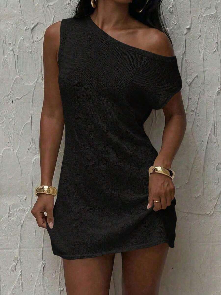 Vestido suelto de hombros de unicolor elegante para mujer, adecuado para el trabajo, citas y uso diario, vacaciones de verano playa blanco - Negro - Ver 1