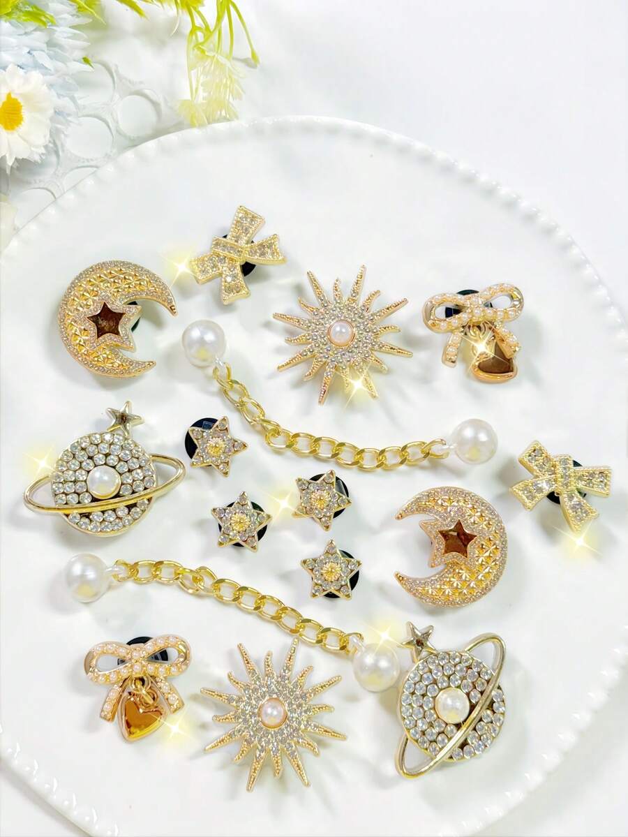 16件套金银链饰(蝴蝶、太阳、北极星、月亮、五芒星),可拆卸DIY鞋饰,男女通用,适合休闲、运动、木屐、服装配饰,四季皆宜 - 短鏈條 - 查看 1