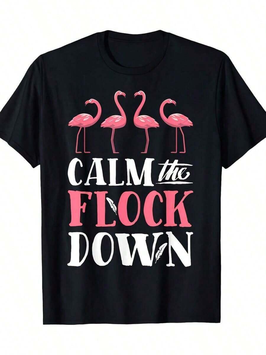 Camiseta divertida con estampado de flamencos para hombre, con la frase "Calm The Flock", camiseta negra con flamencos rosados, camiseta de algodón suave para amantes de las aves, estilo retro vintage, informal para uso diario, eventos formales, regalo divertido de cumpleaños o para inauguración de casa, cómoda, de cuello redondo y manga corta, con un diseño encantador de flamencos, lavable a máquina, de uso diario, estilo urbano, ropa para hombre adulto, camiseta de Navidad, camisetas divertidas para hombre, camisetas de Navidad para hombre, camiseta para hombre. - Negro - Ver 1