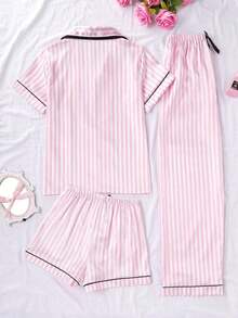Conjunto de 3 piezas de top de manga corta, shorts y pantalones con estampado de rayas y bolsillos, pijama de mujer para verano y primavera - Blanco - Ver 8
