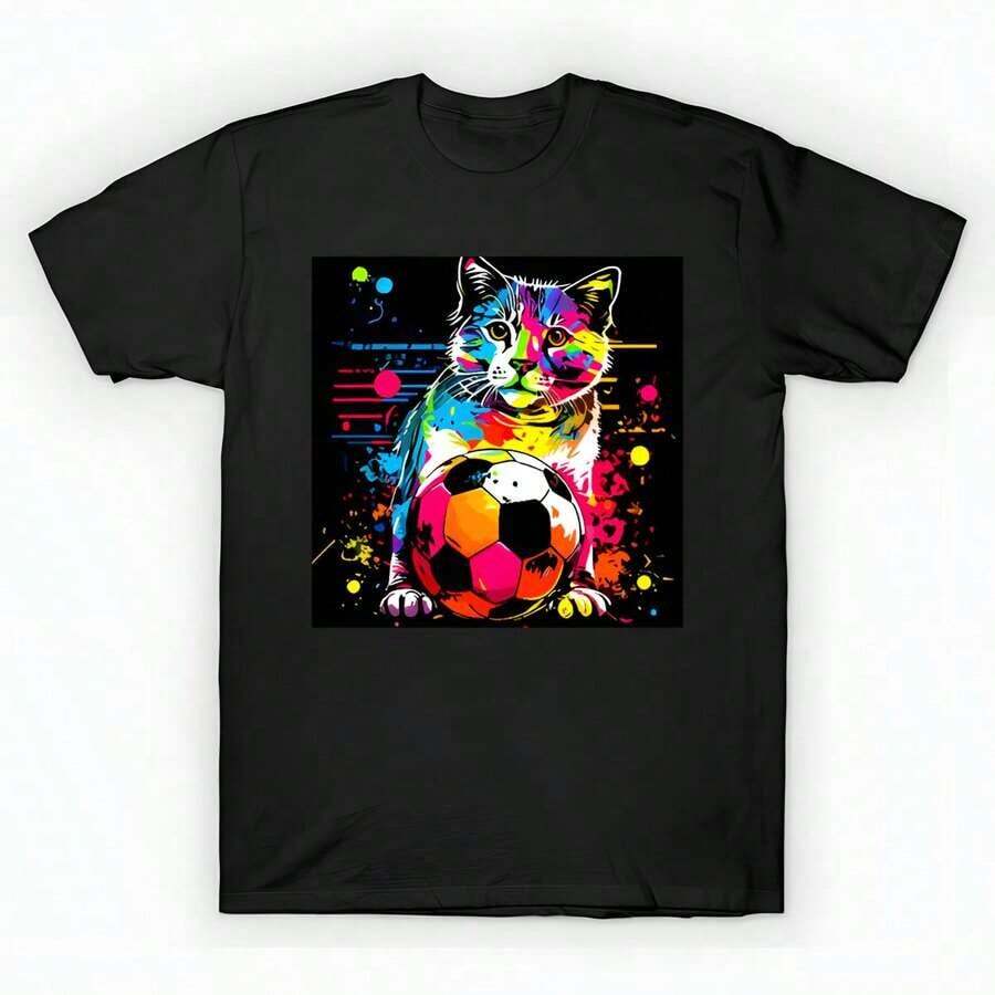 Soccer Cat - Soccer Futball Football - Graphiti Art Graphic Paint T-Shirt unisex de la de algodón puro de alta densidad de 220 g. C-AmiS-eta uniS-ex 100 % aL-Godón de - Tejido de alta densidad. Apta para todo tipo de perS-onas, ya sean mujeres o hombres. Tejido duradero de alta C-Alidad apto para todas las estaciones, suave al tacto pero duradero. Tops transpirables. Conjuntos de otoño para mujer. Conjuntos de vaC-Aciones para mujer. Disfraz de Halloween para mujer. - Negro - Ver 1
