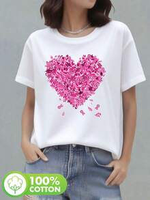 In October, We Wear A Breast Cancer-Themed Pink Heart And Leaf Print T-Shirt, Casual Short-Sleeved Crew Neck Top For Summer And Spring, Loose And Comfortable Women's Clothing. - White - View 3