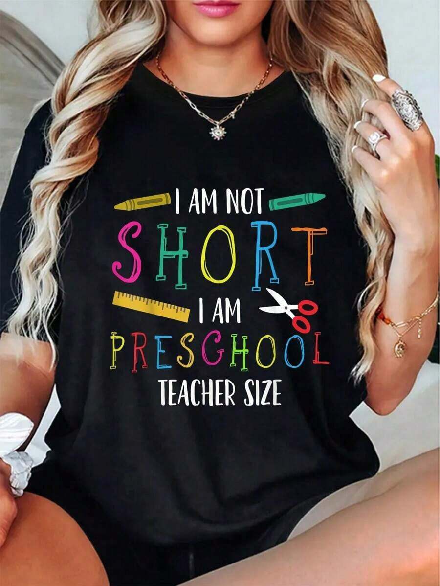 2026 Nuevos productos de gran : camiseta de cuello redondo 100% algodón para maestras de preescolar, camiseta informal para maestras de preescolar, camisetas diarias para mujer, esenciales de vestuario fáciles de combinar, tops versátiles de manga corta. - Negro - Ver 1