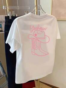 Camiseta de manga corta con paneles frontales y traseros - Estampado de moda estilo vaquero del oeste, "Yeehaw" - Camiseta de mujer con estampado de moda para primavera/verano, artículo de moda. - Blanco - Ver 2