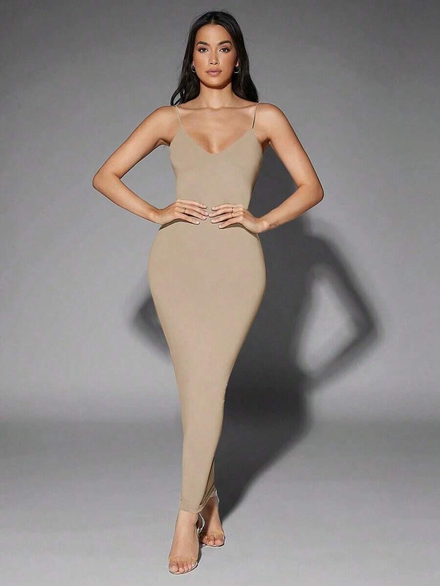 Vestido ajustado unicolor de espalda abierta - Albaricoque - Ver 1