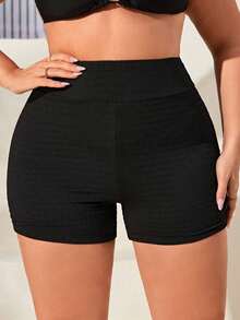 Braga de bikini de talla grande unicolor para el verano, shorts sin costuras que levantan el trasero - Negro - Ver 6