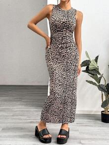 Vestido ajustado sin mangas con estampado de leopardo para mujer - Multicolor - Ver 3