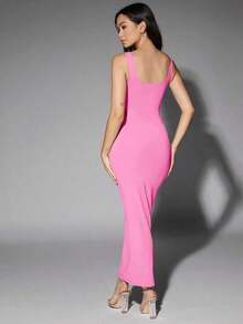 Vestido de tirantes ajustado de cuello cuadrado de unicolor para mujer - Rosa - Ver 2
