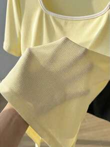 Set de 2 camisetas casuales de mujer con cuello cuadrado y manga corta, ajustadas y sexys, adecuadas para el verano - Multicolor 2 - Ver 4