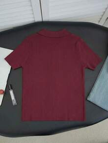 de punto con cuello polo y mangas raglán cortas para mujer, ligera y versátil, ideal para primavera/verano - Burdeos - Ver 8