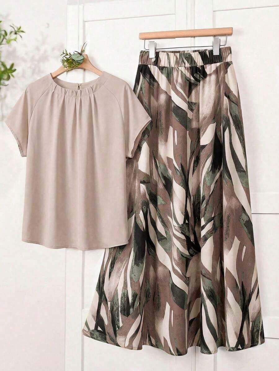 2 piezas Conjunto de top casual de unicolor + falda con estampado geométrico blanco y negro para vacaciones de mujer, Conjunto de ropa de verano para mujer, Conjunto de falda y top de verano, Conjunto de falda y top de mujer, Conjunto de falda - Multicolor 7 - Ver 1