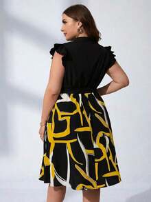 Vestido con estampado gráfico, cuello con muesca, volantes, cinturón, lunares, vestidos para mujer, vestidos casuales de primavera, vestidos de picnic, vestidos de verano, vestidos de primavera, vestidos de festival, vestidos de Pascua, vestid - Amarillo - Ver 2