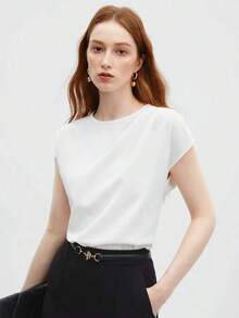 Blusa de mujer con mangas de murciélago asimétricas, de unicolor, estilo básico urbano de viaje, moda elegante y sencilla para negocios casuales, adecuada para maestras y uso en la oficina - Blanco - Ver 6