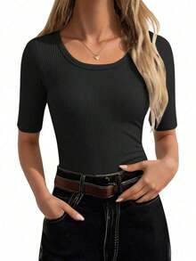 Selamara 3 piezas Camisetas casuales de mujer de unicolor, cuello redondo, manga corta y ajustadas con costillas - Negro - Ver 5