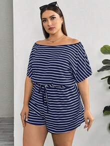 Rompers para mujeres de talla grande, mono informal de rayas, vestidos de verano para mujer, traje de una pieza, mono corto, para dama - Azul y blanco - Ver 4