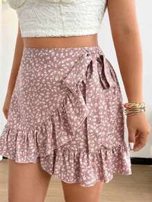 Minifalda ajustada con volantes en el bajo, estampado floral pequeño, estilo romántico de vacaciones en tallas grandes - Albaricoque - Ver 5
