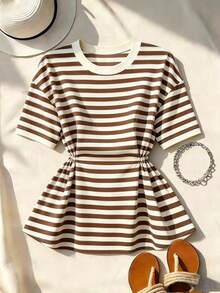 Camiseta de manga corta de cuello redondo con cintura a rayas, casual de verano para mujer - Marrón - Ver 3