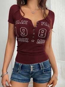 Camiseta de manga corta ajustada con estampado de letras estilo Y2K para mujer, casual para primavera/verano - Rojo - Ver 8