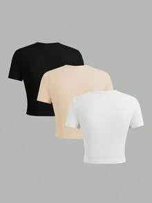 Set de 3 camisetas de manga corta ajustadas y acortadas con gráfico vintage de nombre de ciudad de estilo minimalista casual, adecuadas para el verano - Multicolor 5 - Ver 6