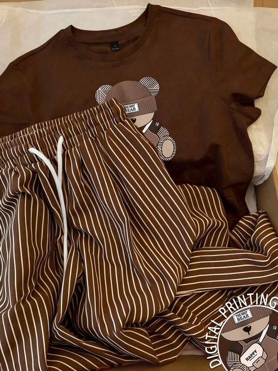 Conjunto de camiseta de manga corta con cuello redondo y estampado de oso de dibujos animados, y pantalones a rayas con cordón en la cintura para mujer - Marrón - Ver 1