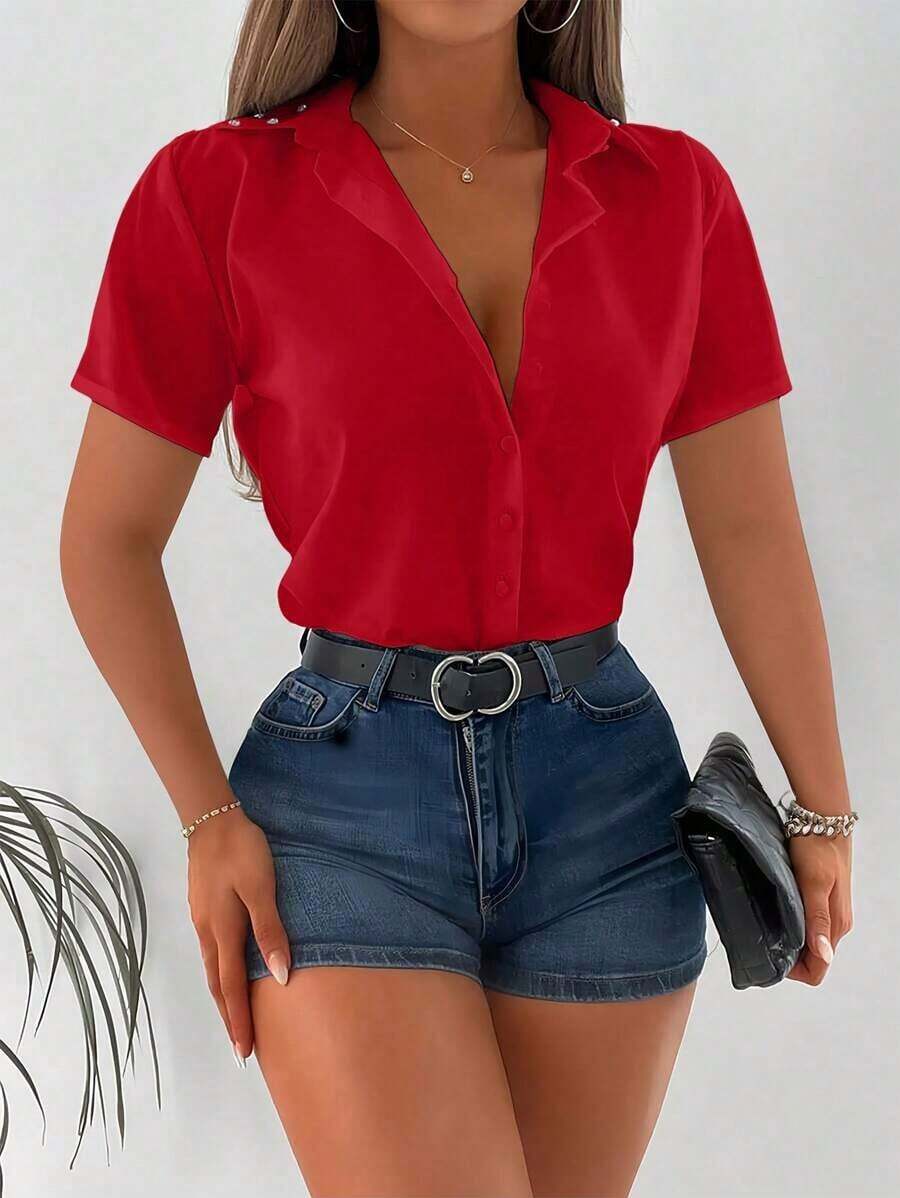 Camisa casual de oficina de unicolor de manga corta y abotonadura sencilla para mujer - Rojo - Ver 1