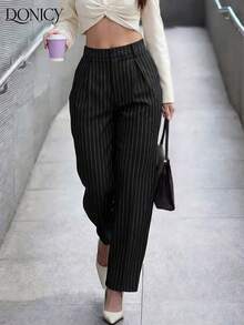 Pantalones rectos de cintura alta de unicolor con pliegues para mujer, suaves y cómodos, versátiles y elegantes para uso casual urbano, adecuados para uso diario casual, citas, fiestas, San Valentín, carnaval y oficina - Negro - Ver 11