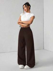 Pantalones de pierna de campana con cintura alta, elásticos y acanalados para mujeres - Marrón - Ver 5