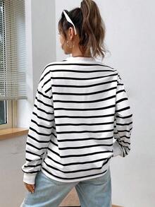 Sudadera con capucha de hombros caídos con estampado de rayas blancas de primavera, atuendos para graduación, regreso a la escuela, atuendos para maestras, regreso a la escuela en otoño/invierno - Blanco y Negro - Ver 2