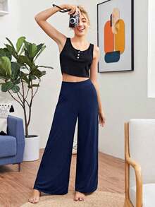 Pantalones casuales de mujer de cintura alta, sueltos, de unicolor y de pierna ancha - Azul marino - Ver 3