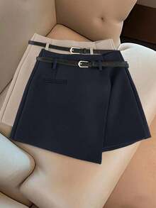 Pantalones con falda asimétrica de moda casual para ir al trabajo, pantalones cortos multifuncionales para mujer sin cinturón, pantalones con falda asimétrica a juego sin cinturón, falda asimétrica, falda con dobladillo asimétrico, falda pantalón - Azul marino - Ver 9