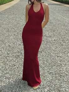 Vestido largo minimalista y elegante de mujer  de unicolor, con cuello en V profundo, volantes en la espalda, de punto con gran elasticidad, estilo europeo y americano, sin mangas, adecuado para vacaciones, ocio y uso diario en verano, color negro - Burdeos - Ver 3