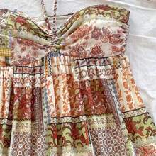 Western Wear Women,Summer Dresses For Women,Vacation Outfits Woman,Bohemian,Rave Outfit Festival,Concert Outfit Women,Easter Dress Women,Women's Vacation Colorful Retro Print Drawstring Front & Back Tie Layered Mini Dress, Music Festival Outfit,Sun Dress - Multicolor - Ver 7