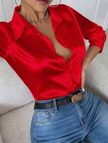 Blusa de mujer de manga larga ajustada con bolsillo y cuello casual en color blanco - Rojo - Ver 1