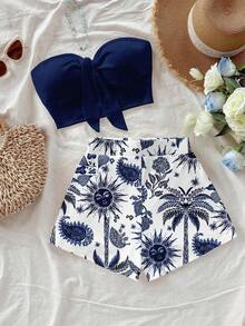 Conjunto de 2 piezas con estampado de árbol de coco y flor de diosa del sol para vacaciones en la isla, adecuado para vacaciones, verano, elegante - Multicolor - Ver 1