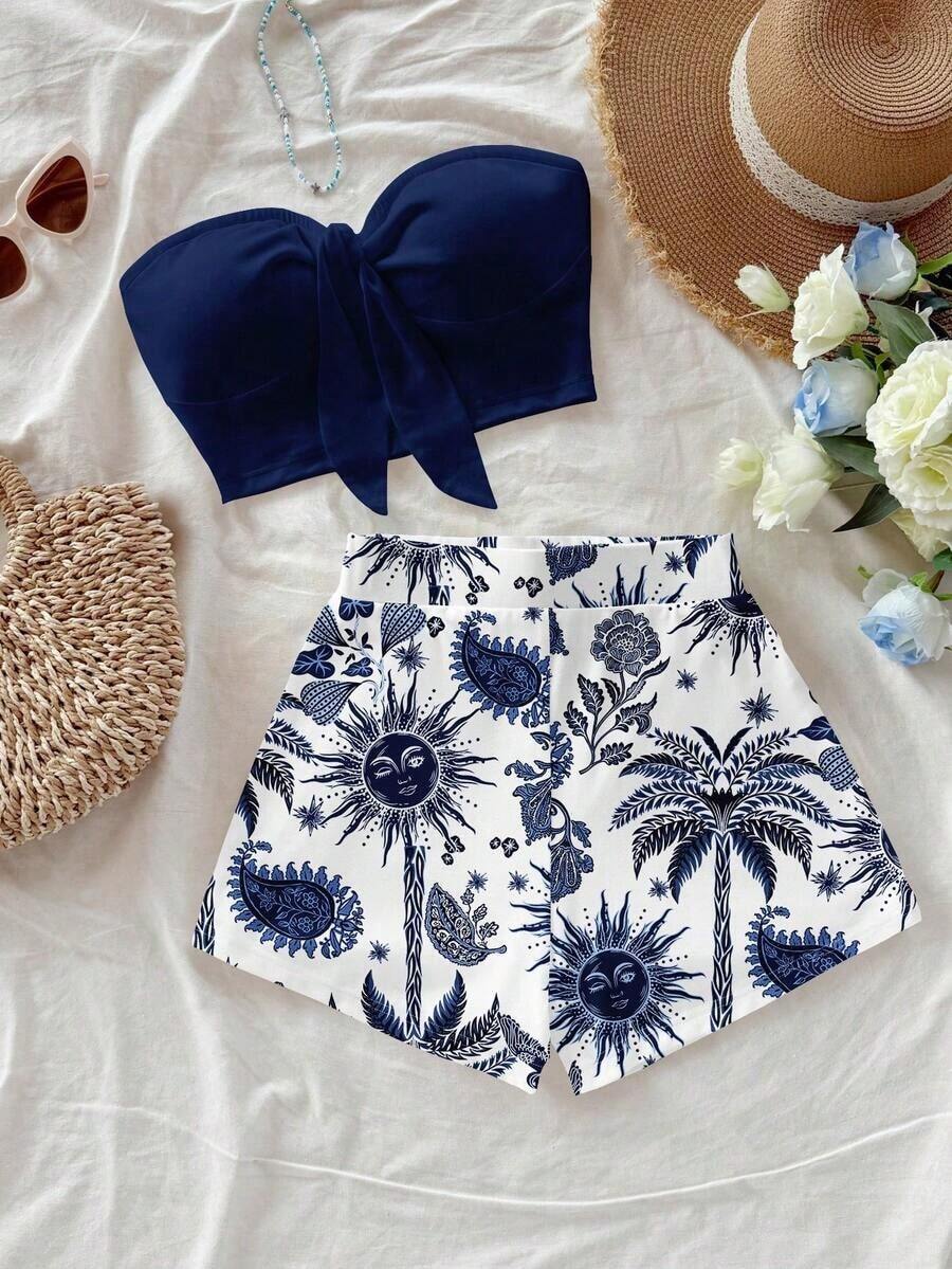 Conjunto de 2 piezas con estampado de árbol de coco y flor de diosa del sol para vacaciones en la isla, adecuado para vacaciones, verano, elegante - Multicolor - Ver 1