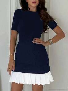 Vestido mini versátil con cuello redondo, dobladillo con volantes de material mixto, vestido de cóctel para mujer, vestido corto de mujer, vestido negro, vestido casual de negocios para mujer - Azul marino - Ver 6