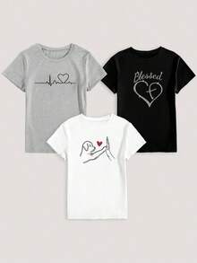 Set de 3 camisetas gráficas de manga corta casuales para mujer con diseños de corazón y gráfico ECG - Multicolor 5 - Ver 4