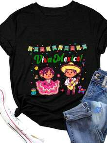 Women's Casual Summer T-Shirt With Mexican Print, Round Neck, Short Sleeve, 100% Cotton, 220g Thick Cotton - 黑色 - 查看 1