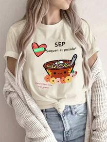 Women's Soft Cotton T-Shirt With A Mexican Pozole Soup Design, Featuring A Heart, Flag, And Flower Print. Fashionable And Perfect For All Seasons, This Casual Summer Top Is Available In Sizes S, M, L, And XL. - 白色 - 查看 6
