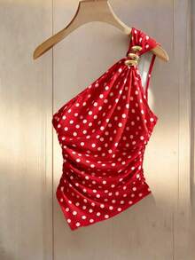 Blusa/Top/Camiseta de mujer con estampado de lunares rojos, hombro asimétrico/asimétrico, decoración de botón metálico, plisado asimétrico, adecuado para el Día de San Valentín, citas, vuelta al colegio, verano, playa, vacaciones, lunares retro - Rojo - Ver 7